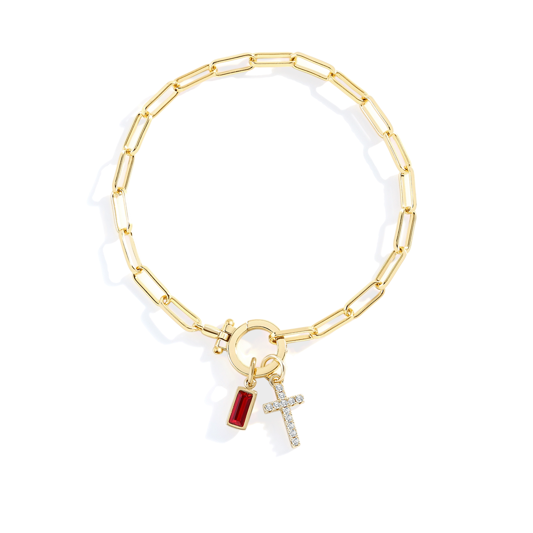 Cross Charm Birthstone Paperclip Bracelet