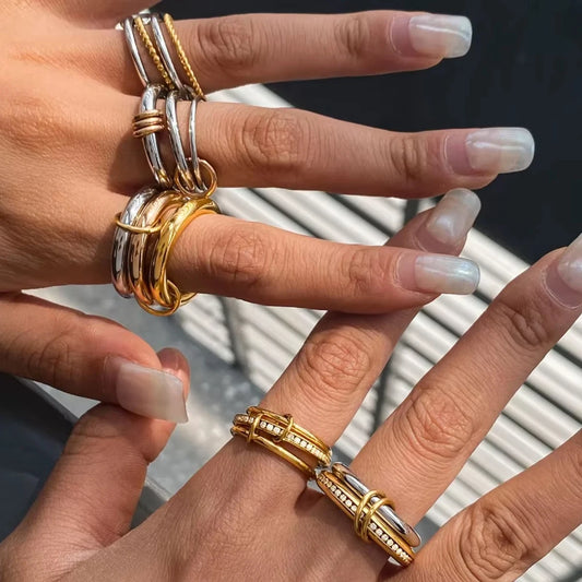 18K Elegant Silver&Bronze&Gold Stacked Rings