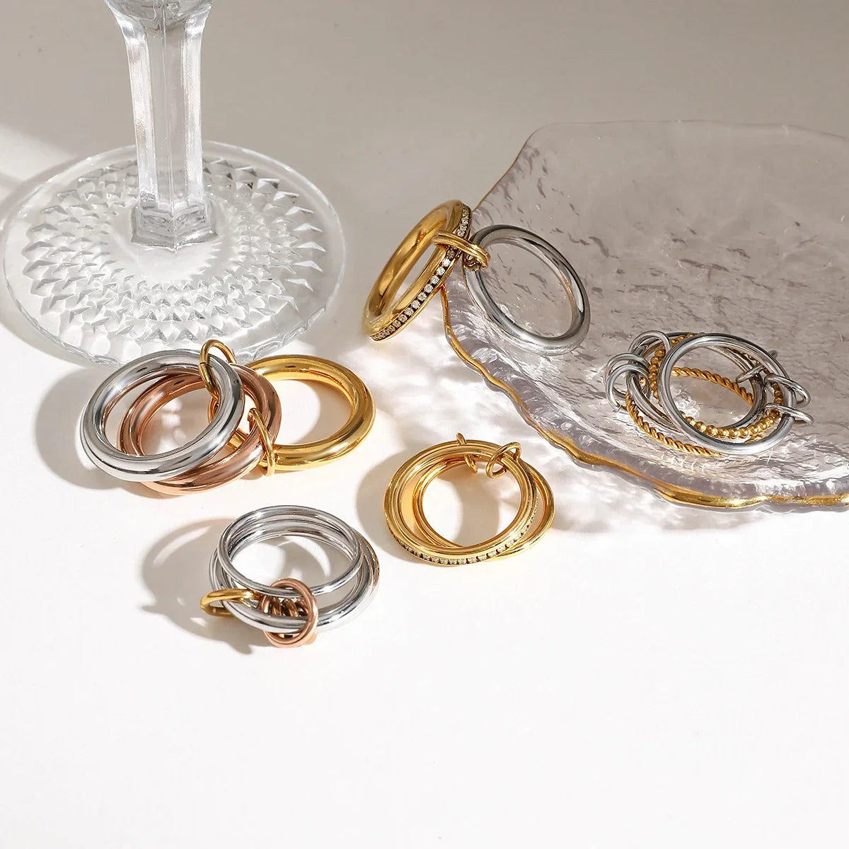 18K Elegant Silver&Bronze&Gold Stacked Rings