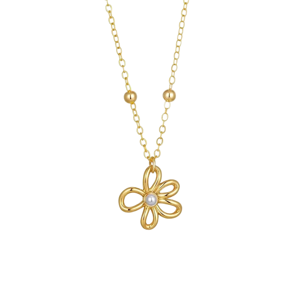 Flower necklace with pearl in gold and silver colour options by Savaé Design