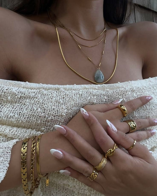 Layered Savaé jewellery shown for the ring size guide