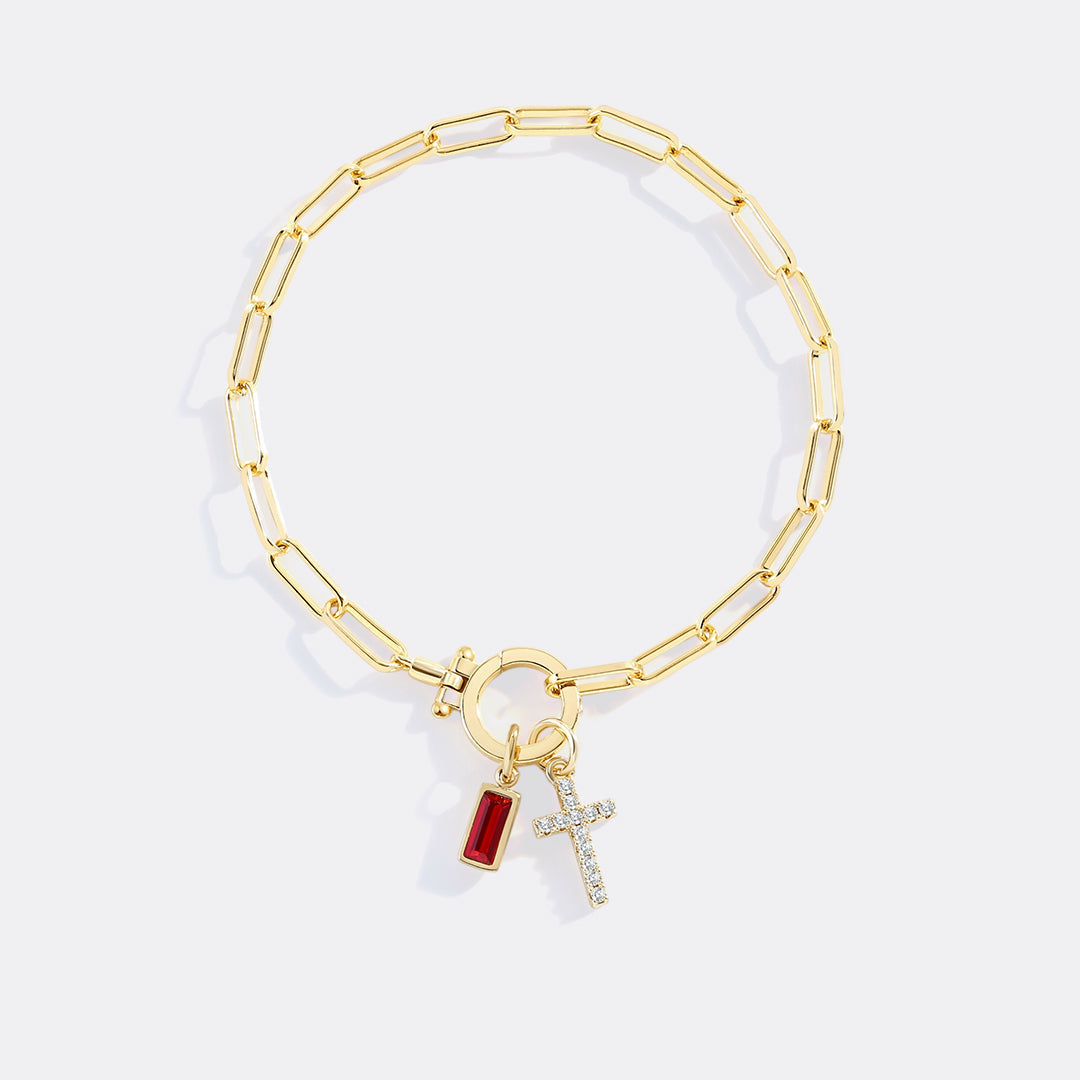 Cross Charm Birthstone Paperclip Bracelet