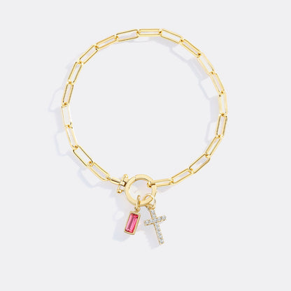 Cross Charm Birthstone Paperclip Bracelet