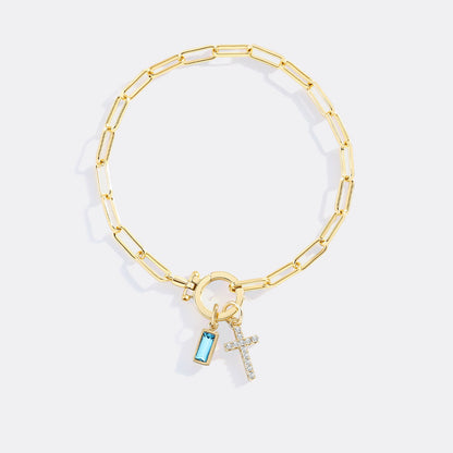 Cross Charm Birthstone Paperclip Bracelet
