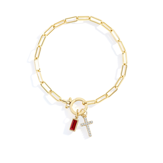 Cross Charm Birthstone Paperclip Bracelet