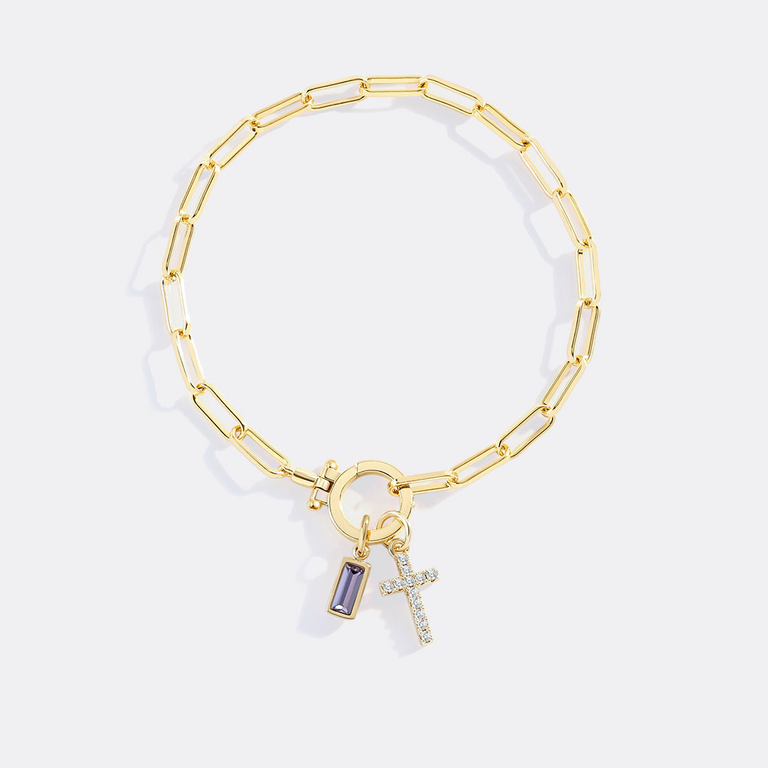 Cross Charm Birthstone Paperclip Bracelet