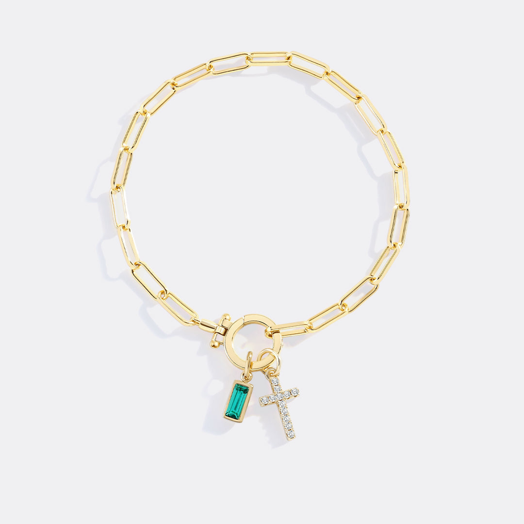 Cross Charm Birthstone Paperclip Bracelet