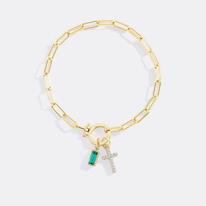 Cross Charm Birthstone Paperclip Bracelet