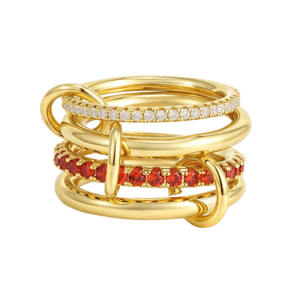 18K Elegant Gold Plated Stacked Rings with Red & White Stones