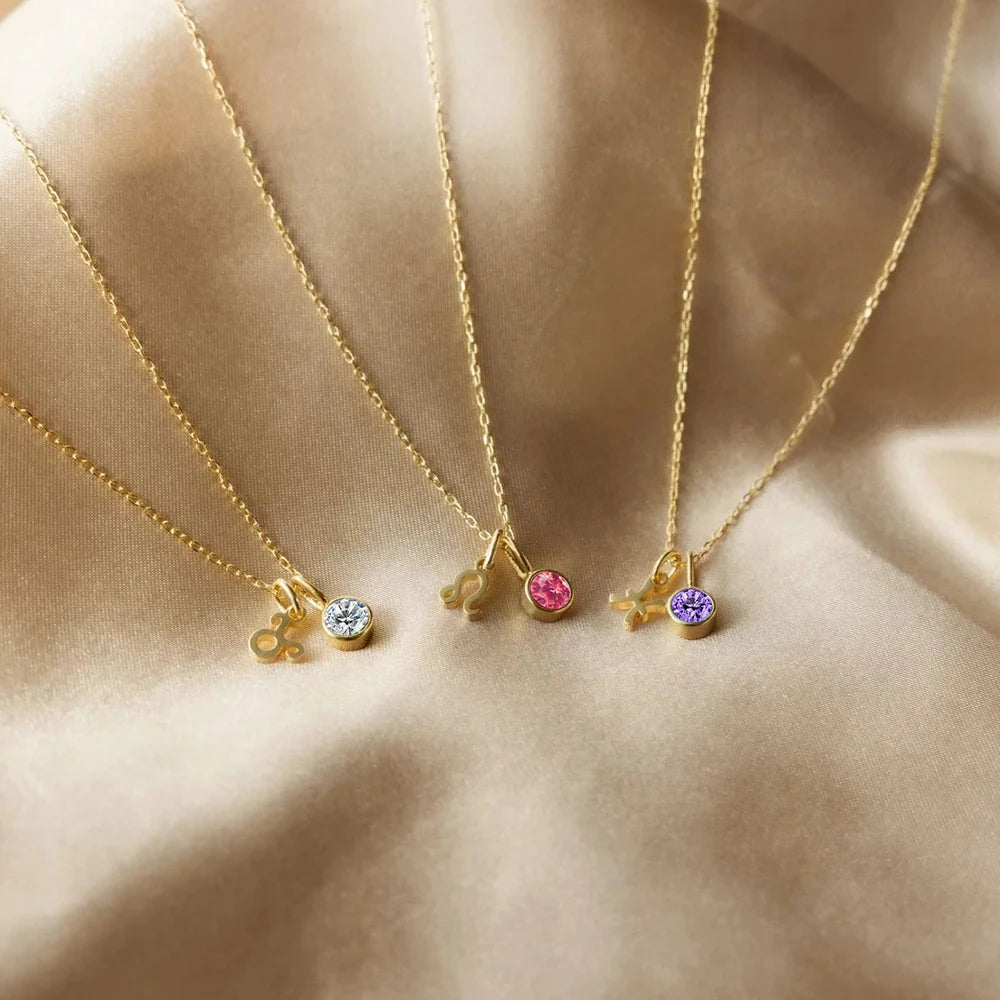 14K Gold, Silver & Rose Gold Zodiac Birthstone Necklace