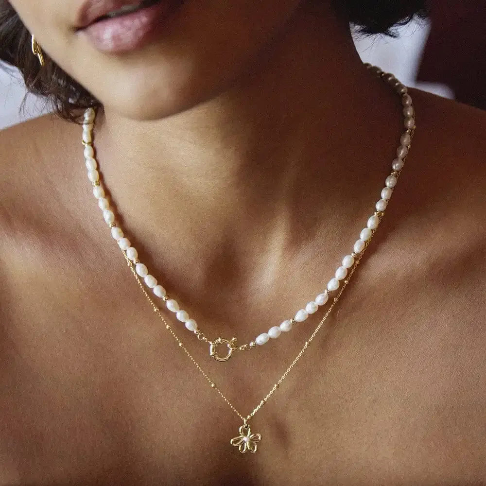 18K Gold Plated Flower Necklace with Pearl