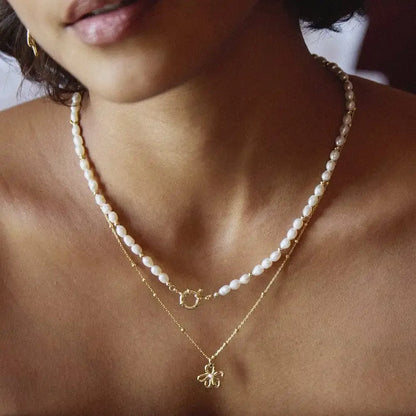 18K Gold Plated Flower Necklace with Pearl