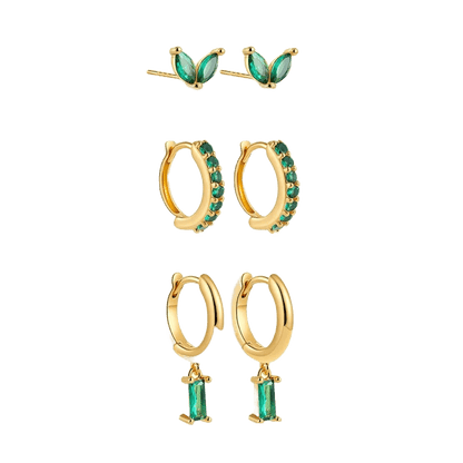 18K Gold Plated 3-Piece Emerald Green Earring Set