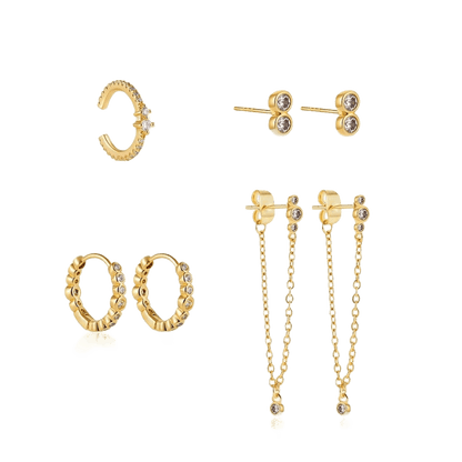 18K Gold Plated 4-Piece Earring Set with Zircon Accents