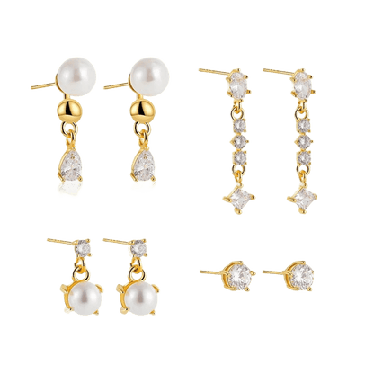 18K Gold Plated 4-Piece Pearl & Cubic Zirconia Stud Earring Set