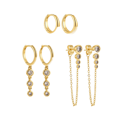 18K Gold Plated 3-Piece Earring Set with Zircon Crystals
