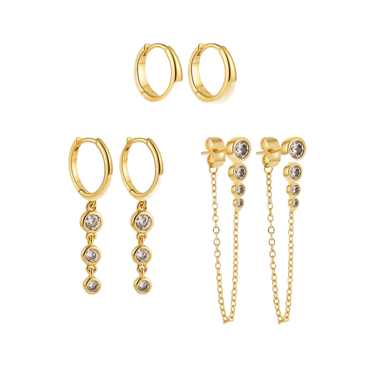 18K Gold Plated 3-Piece Earring Set with Zircon Crystals